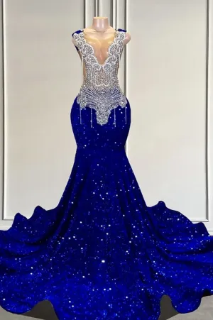 kamahe Royal Blue sequin Silver Beaded Mermaid Long V-neck Prom Dresses