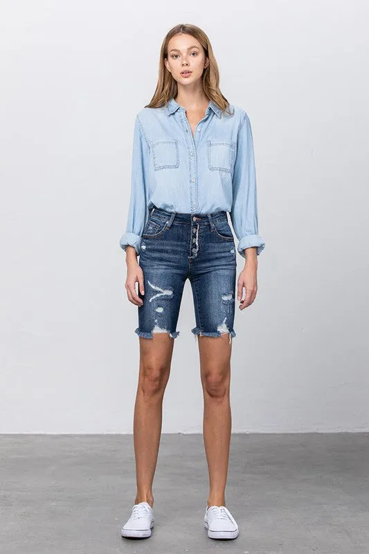 Kinsley Frayed Raw Hem Ripped Bermuda Shorts