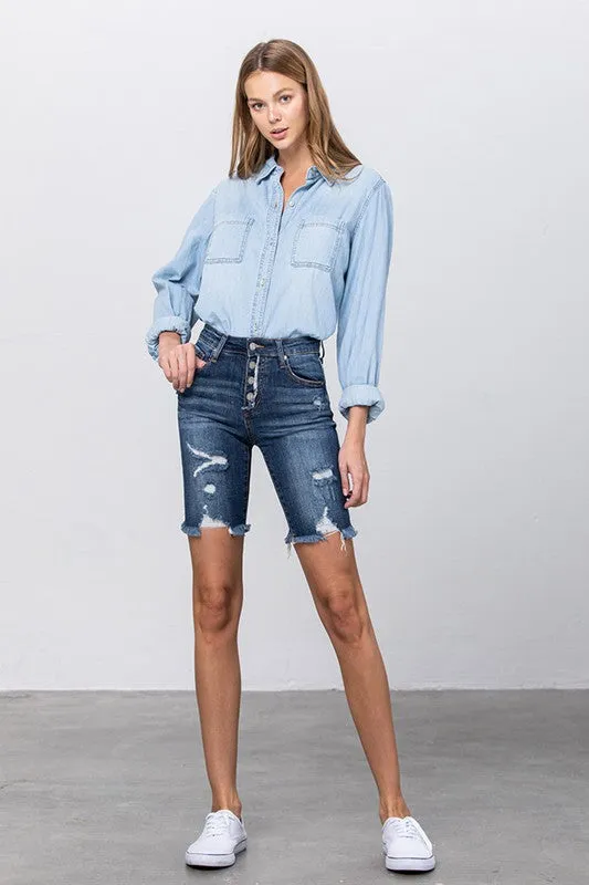 Kinsley Frayed Raw Hem Ripped Bermuda Shorts