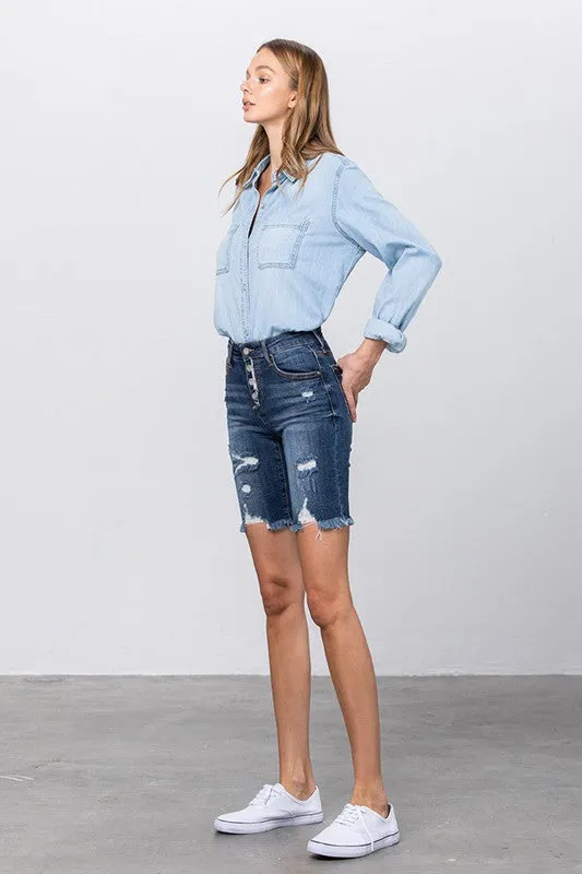 Kinsley Frayed Raw Hem Ripped Bermuda Shorts