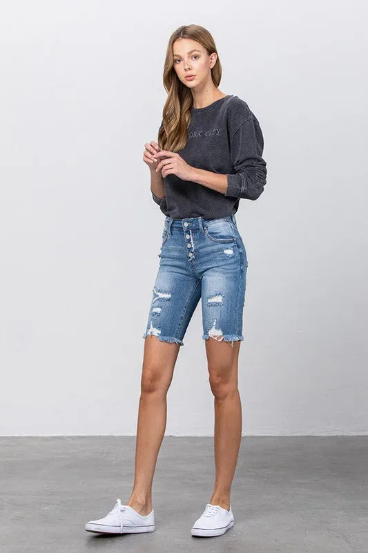 Kinsley Frayed Raw Hem Ripped Bermuda Shorts