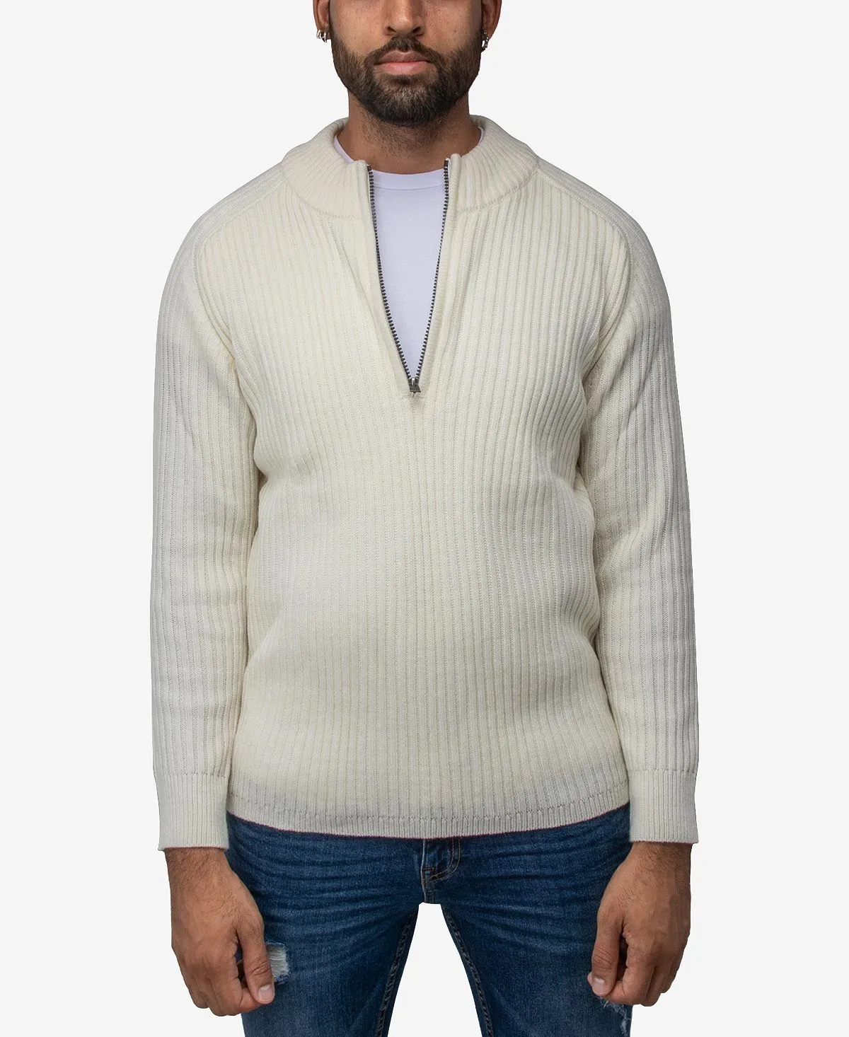 Men's Ribbed Stand Neck Sweater with Quarter Zip X-Ray