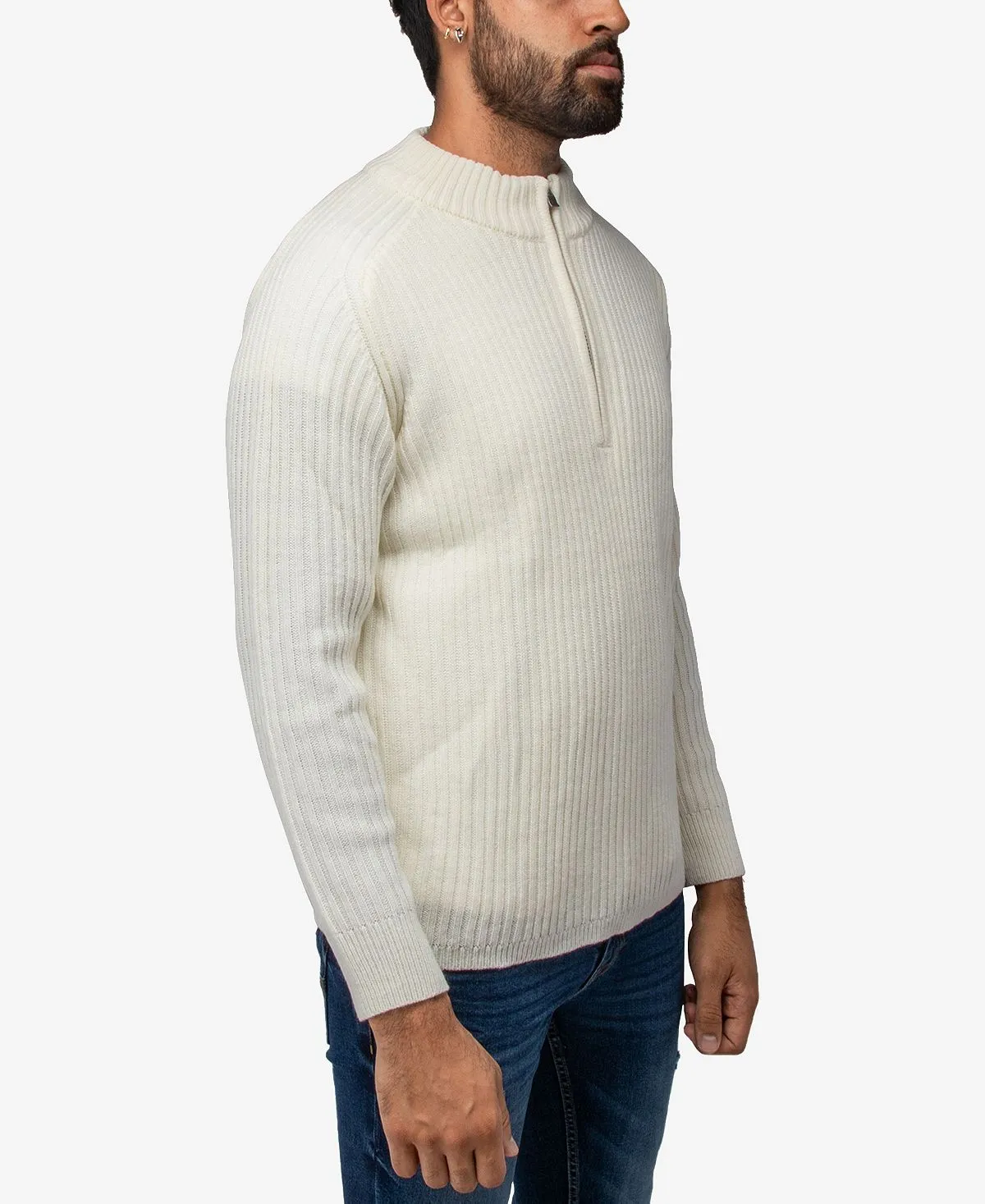 Men's Ribbed Stand Neck Sweater with Quarter Zip X-Ray