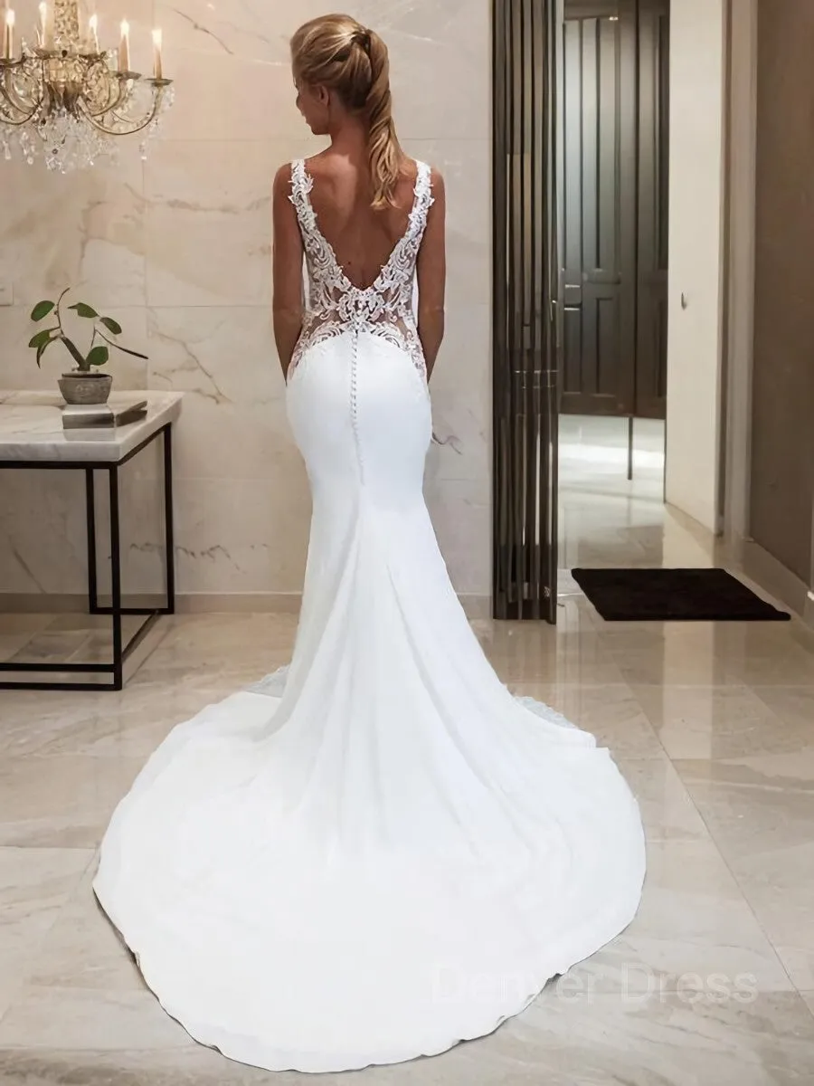 Mermaid Bateau Chapel Train Stretch Crepe Wedding Dresses