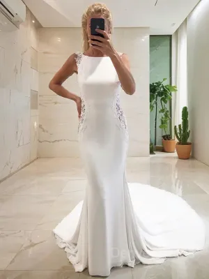 Mermaid Bateau Chapel Train Stretch Crepe Wedding Dresses