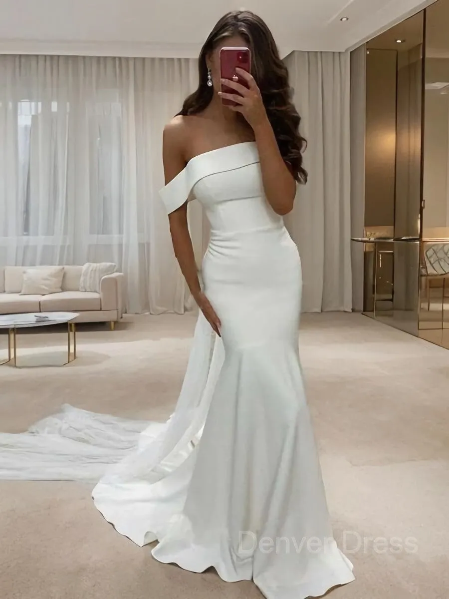 Mermaid Off-the-Shoulder Court Train Stretch Crepe Wedding Dresses With Sash