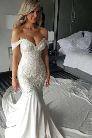 Mermaid Off The Shoulder Lace Wedding Dress With Beading