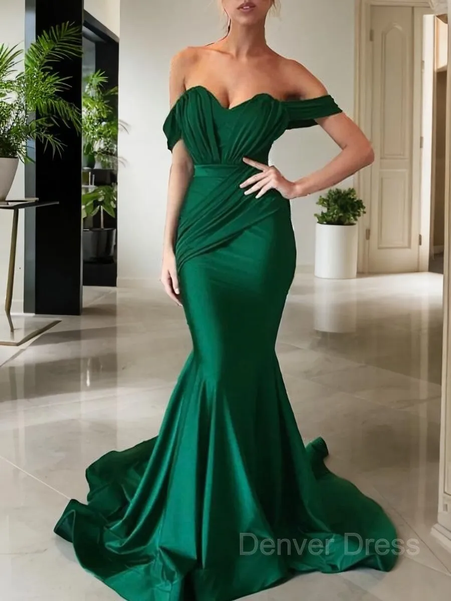 Mermaid Off-the-Shoulder Sweep Train Jersey Prom Dresses With Ruffles