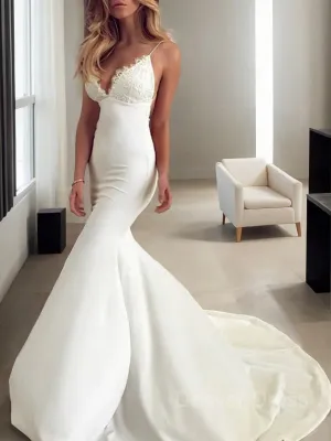 Mermaid V-neck Sweep Train Stretch Crepe Wedding Dresses