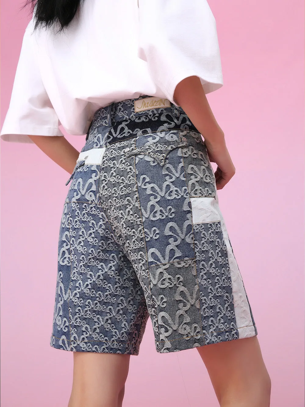 MUKZIN Denim Jacquard Patchwork High-Rise Shorts