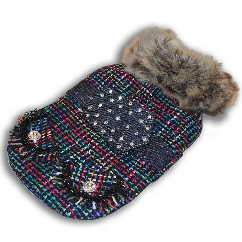 Multi-Color Tweed And Faux Fur Dog Coat