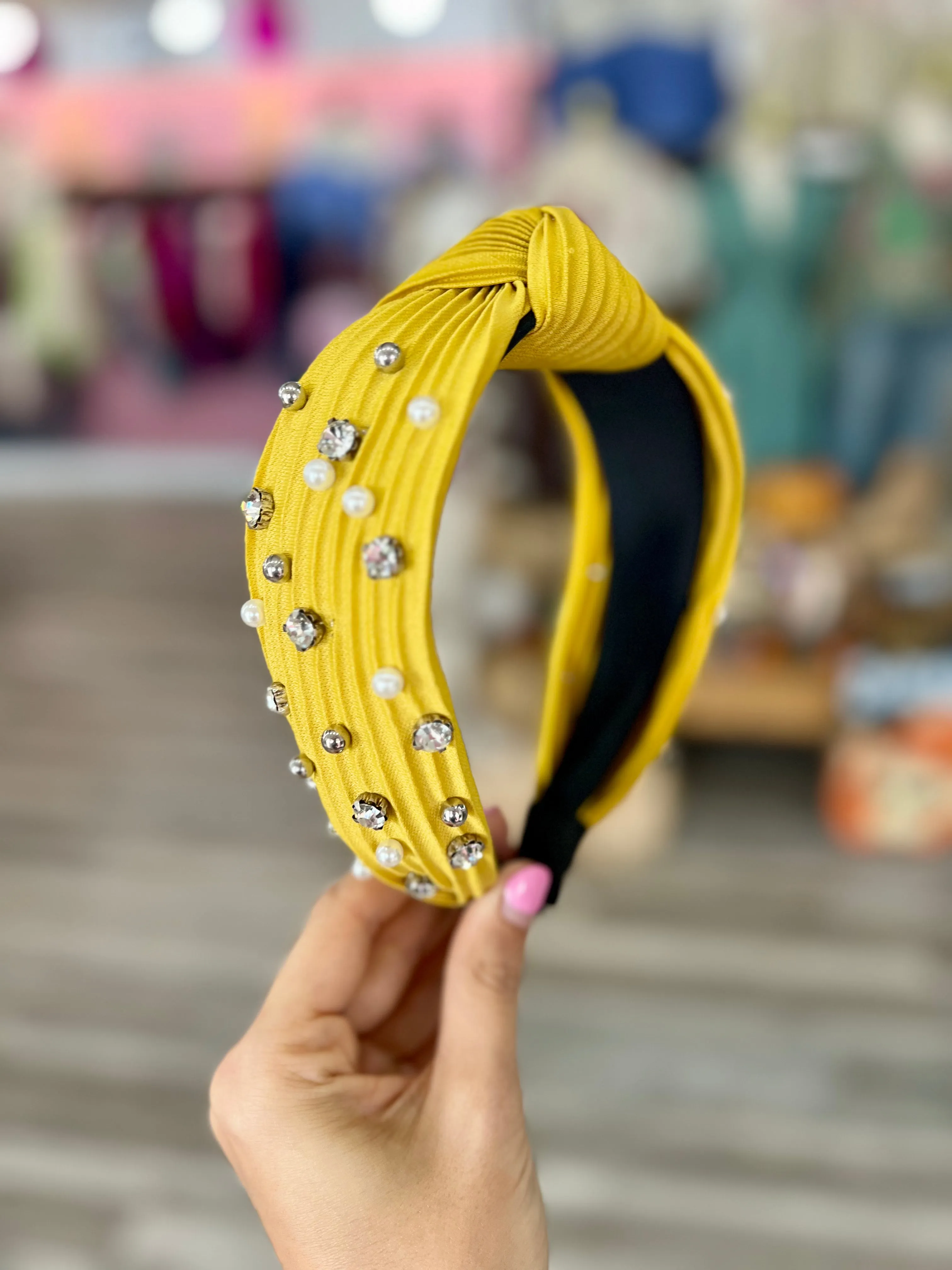 Mustard Pearl & Rhinestone Knotted Headband