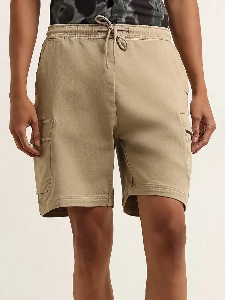 Nuon Taupe Cotton Blend Relaxed Fit Cargo-Style Shorts