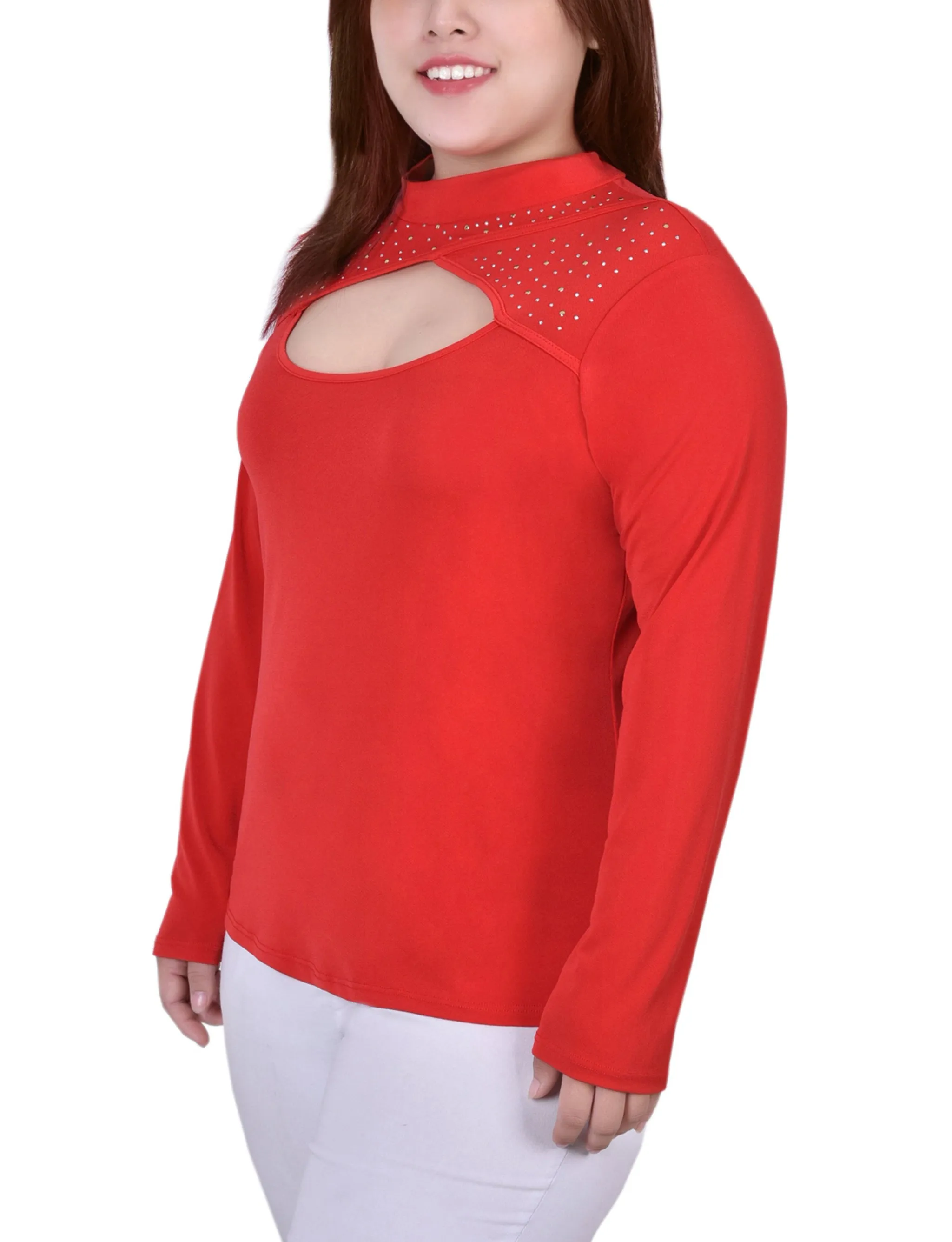 Plus Size Long Sleeve Studded Mock Neck Top