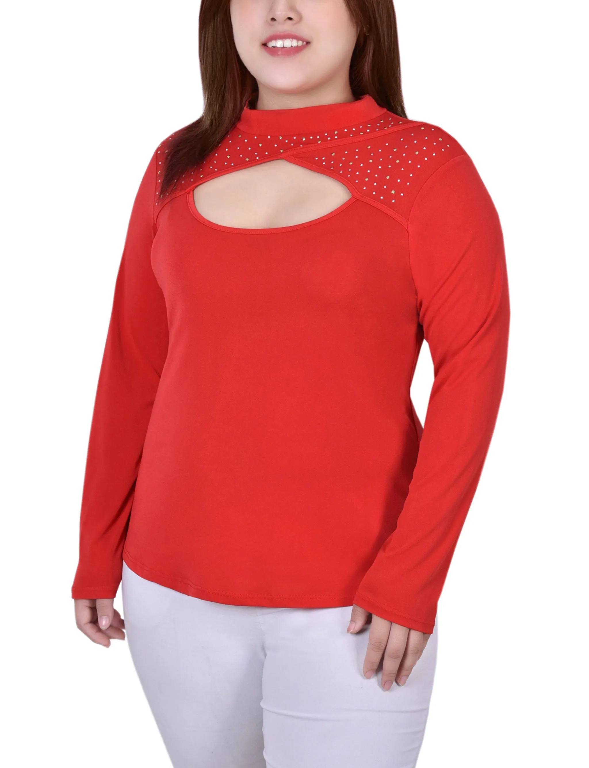 Plus Size Long Sleeve Studded Mock Neck Top