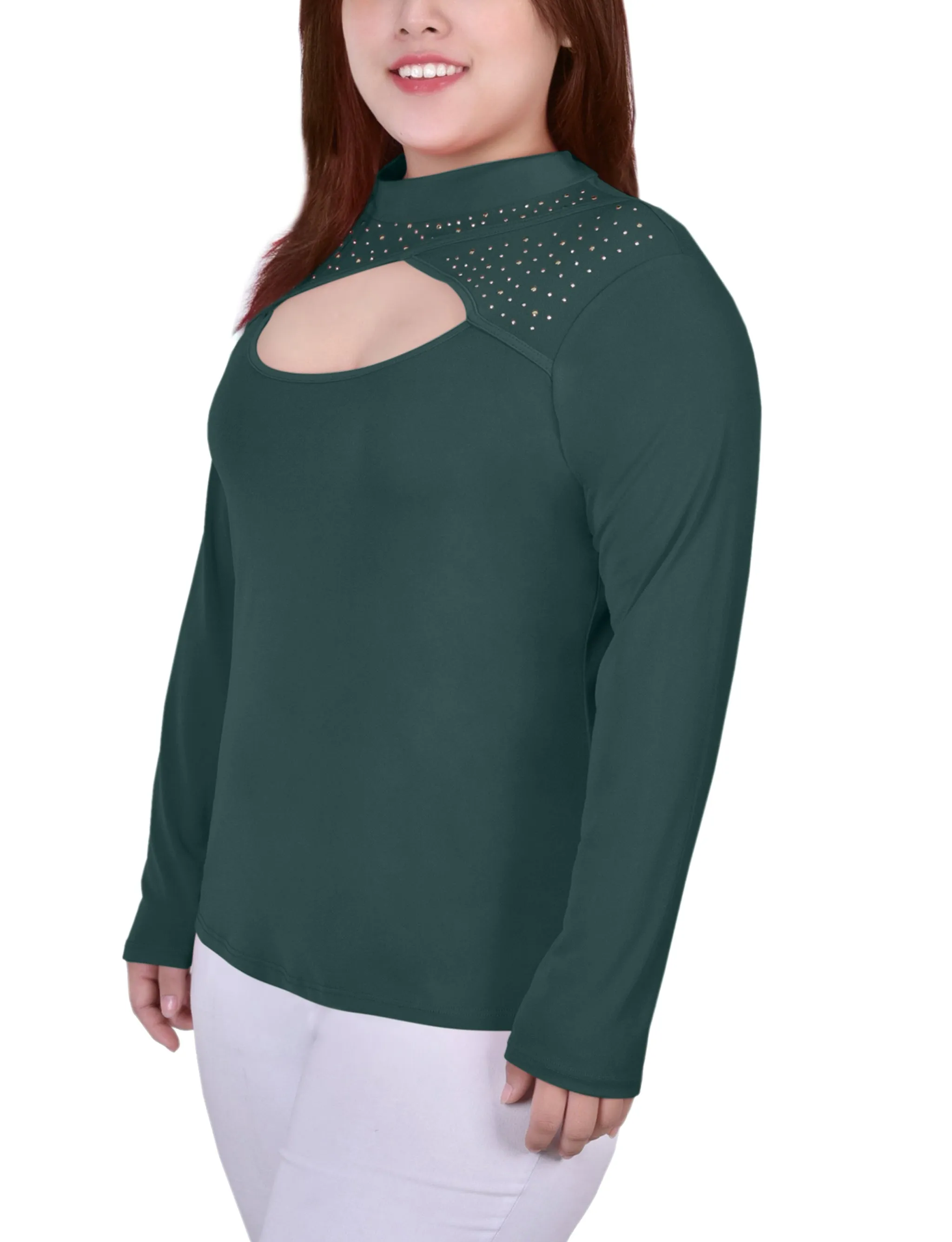 Plus Size Long Sleeve Studded Mock Neck Top