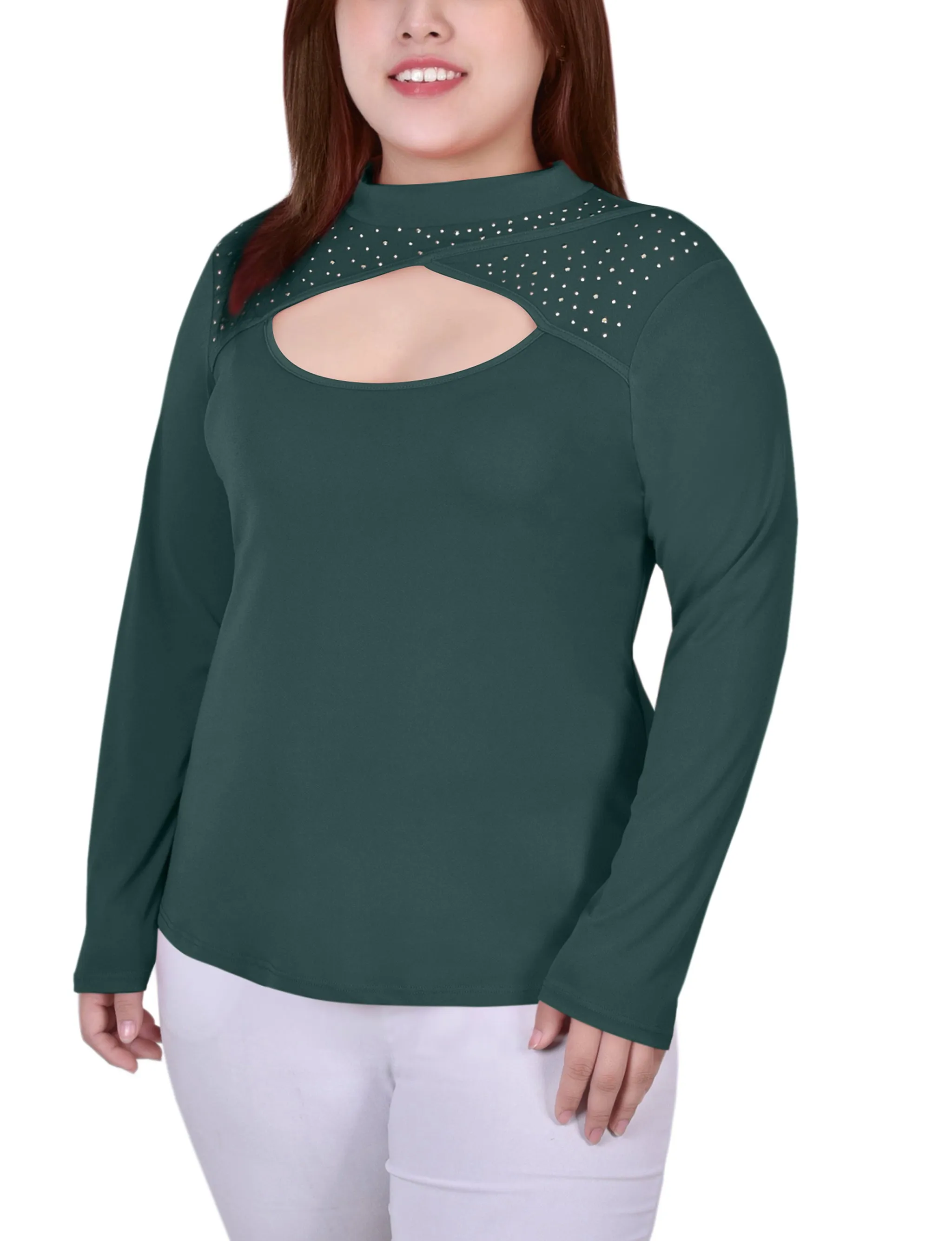 Plus Size Long Sleeve Studded Mock Neck Top