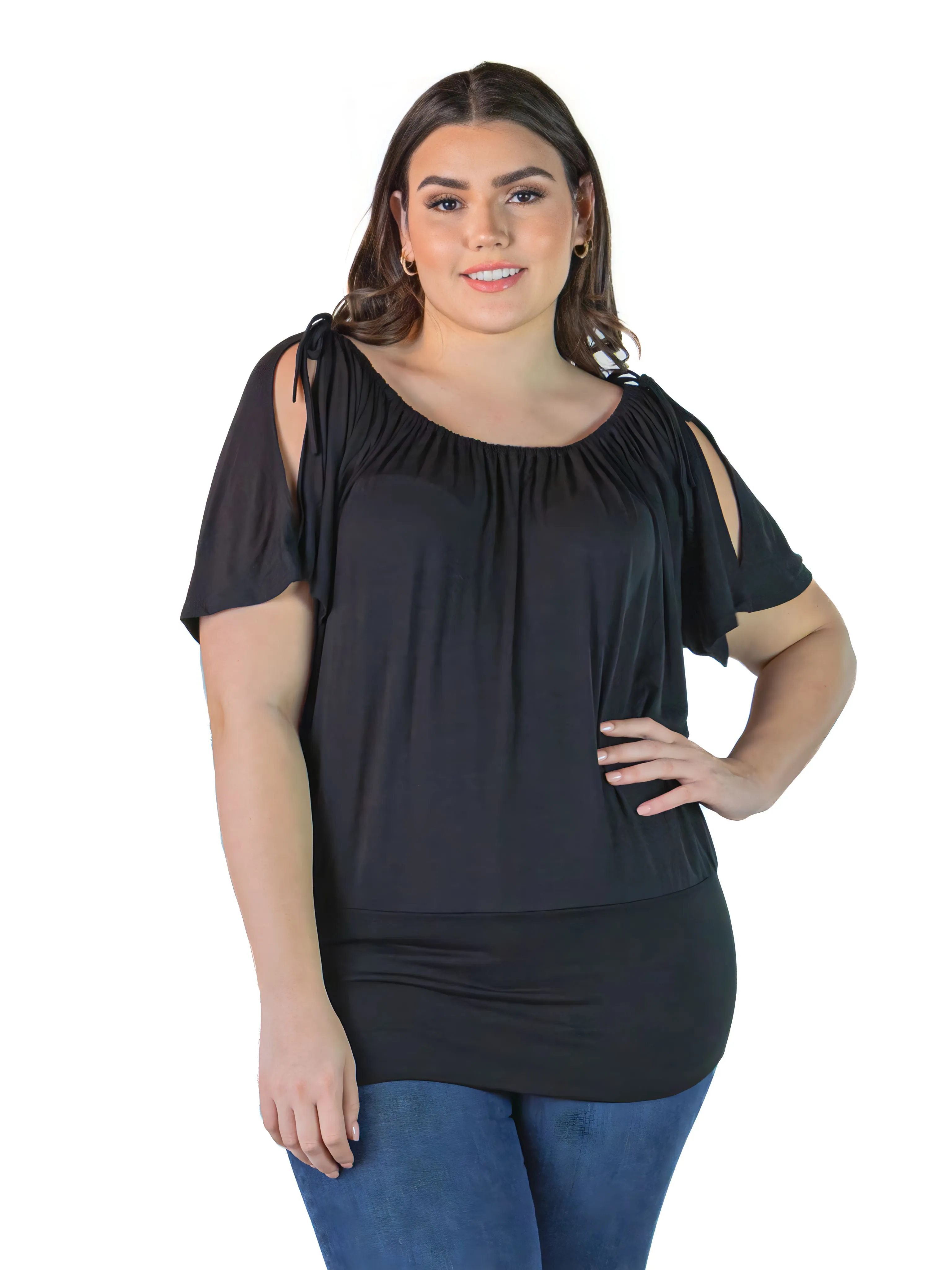 Plus Size Womens Solid Color Short Sleeve Split Shoulder Top