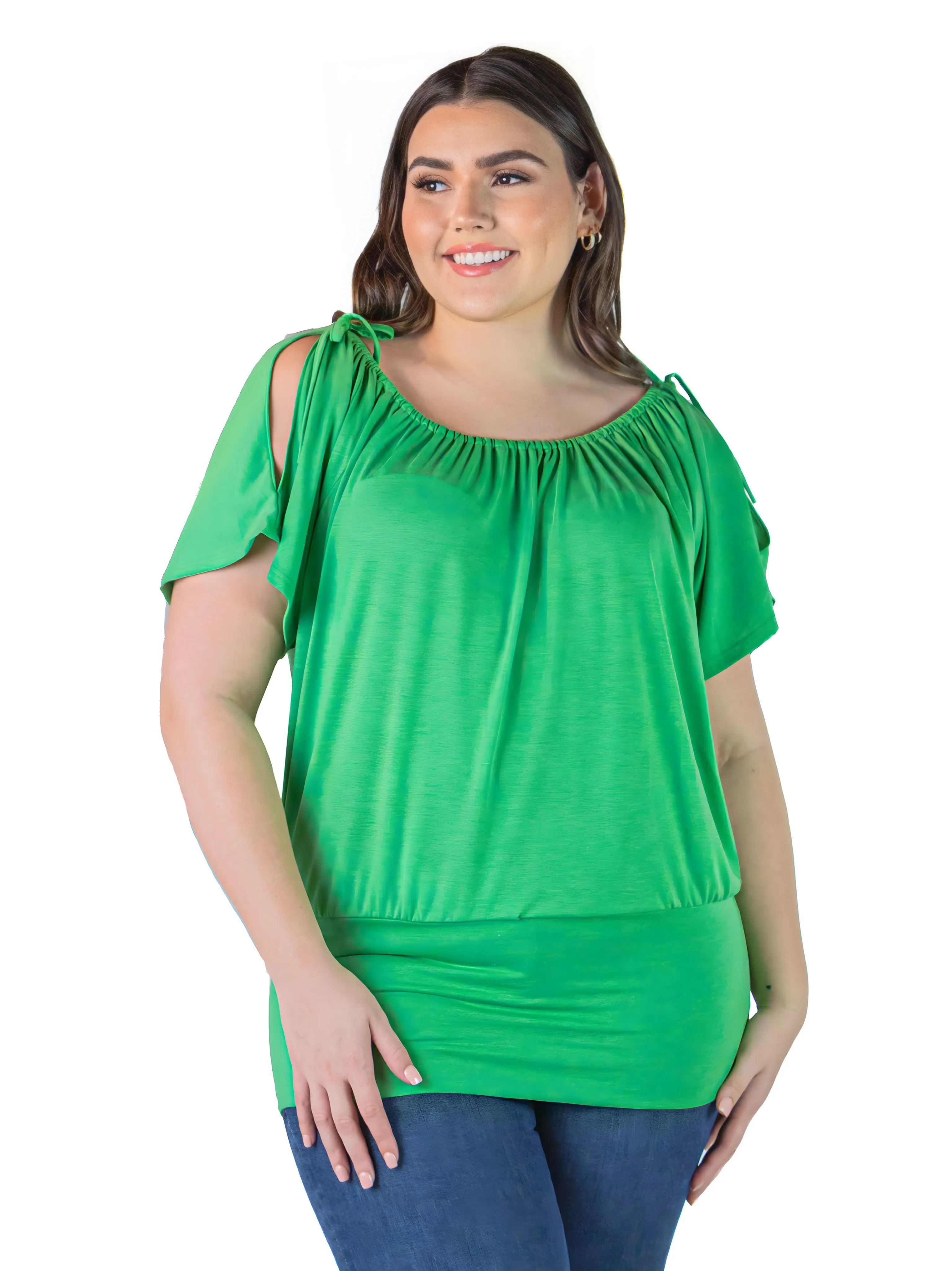 Plus Size Womens Solid Color Short Sleeve Split Shoulder Top