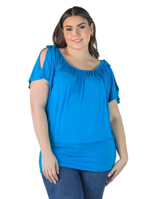 Plus Size Womens Solid Color Short Sleeve Split Shoulder Top