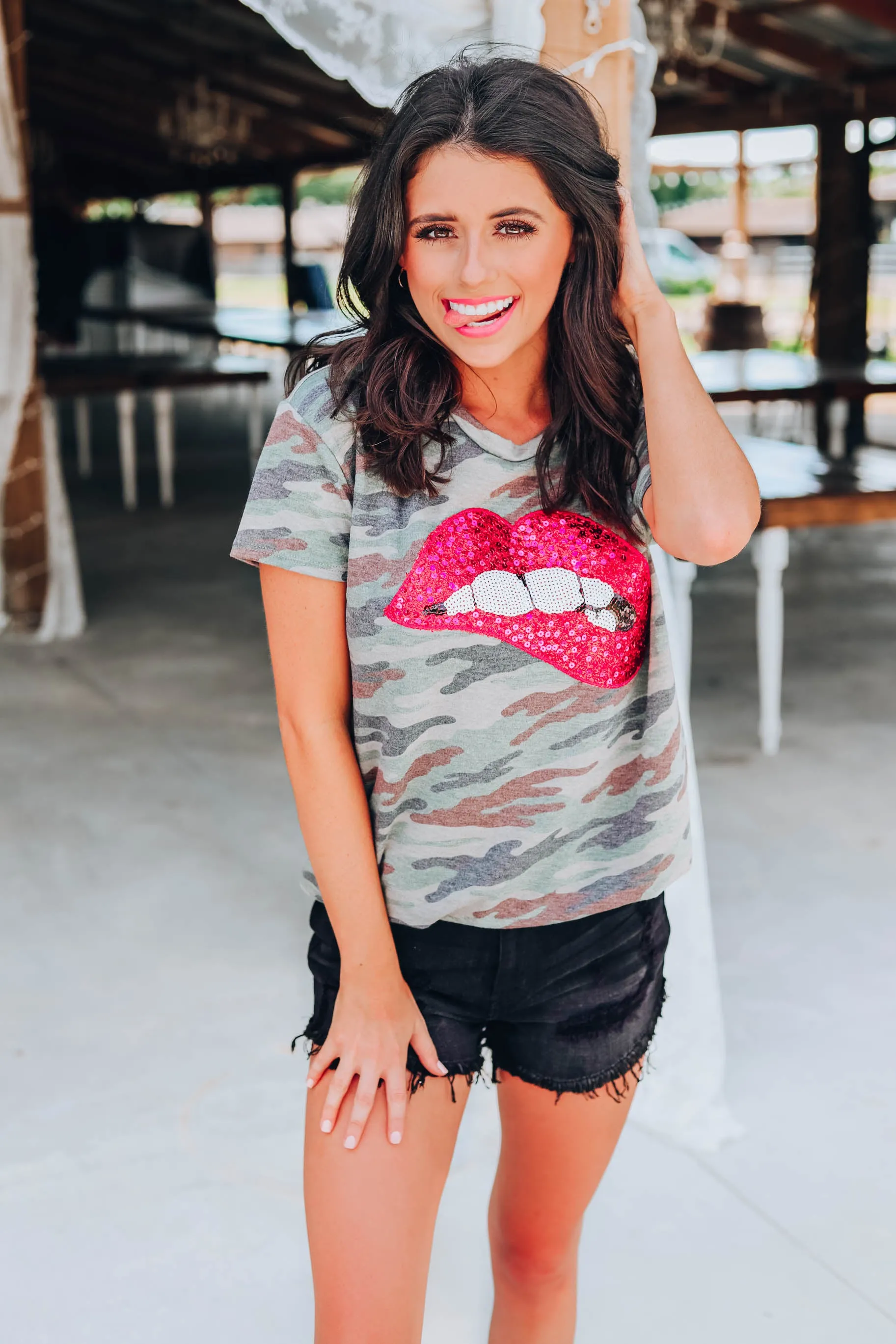 Sequin Red Lippy Graphic Tee - Camo