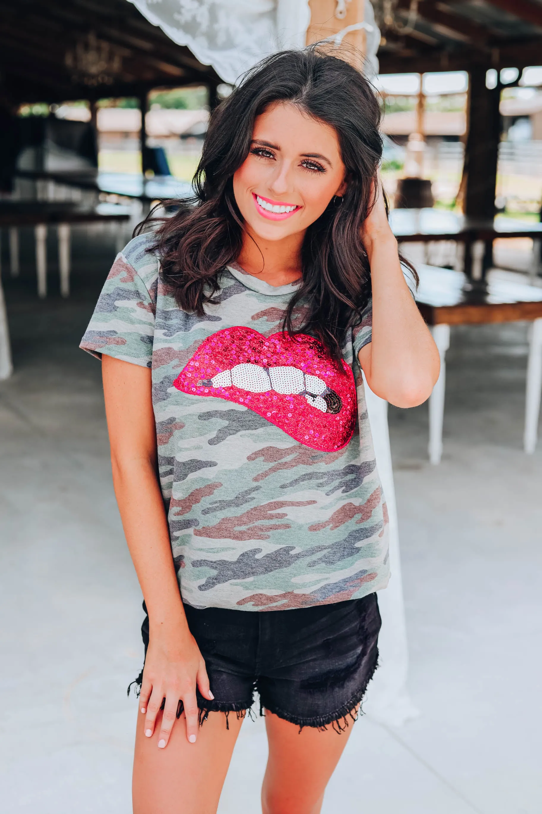 Sequin Red Lippy Graphic Tee - Camo