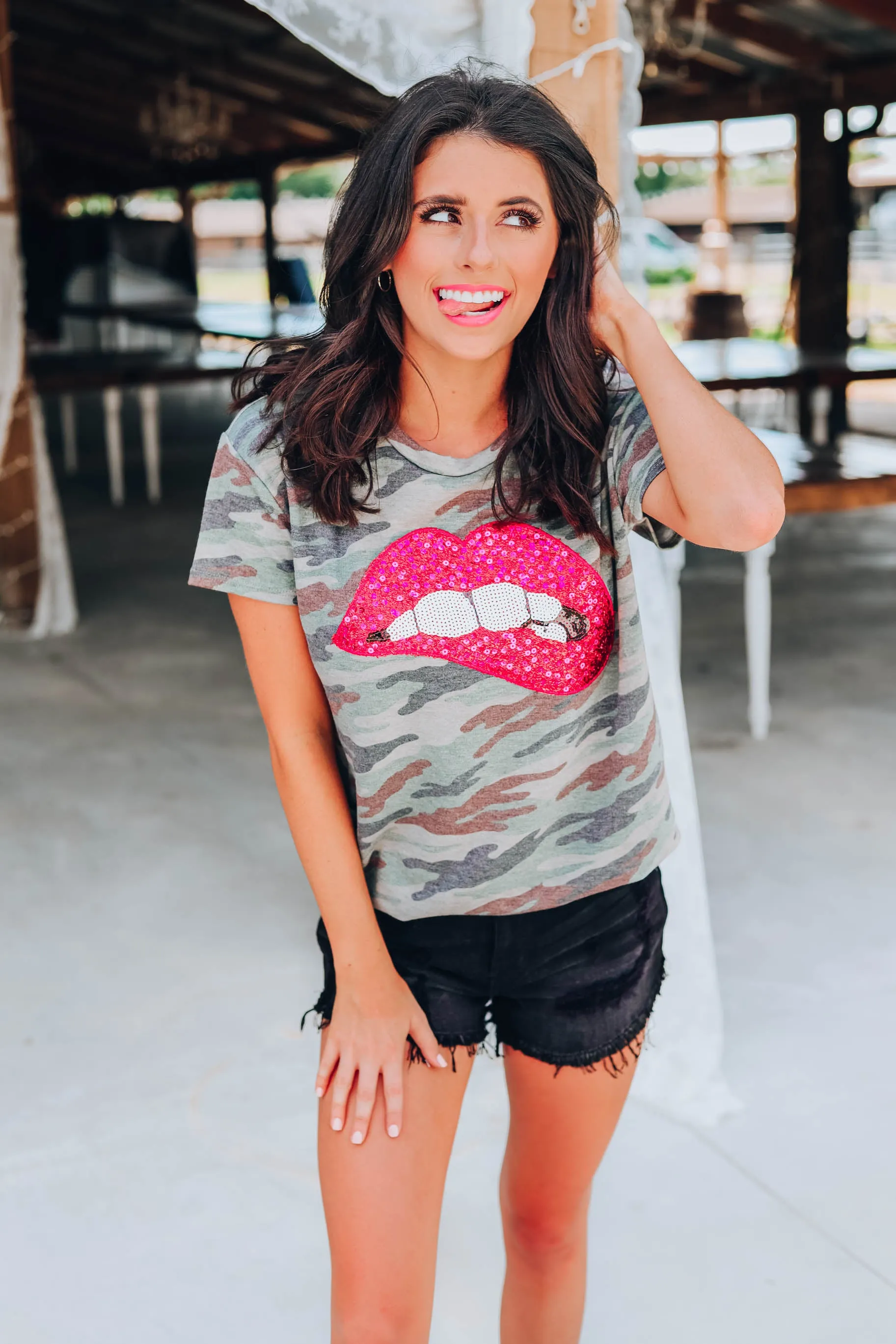 Sequin Red Lippy Graphic Tee - Camo