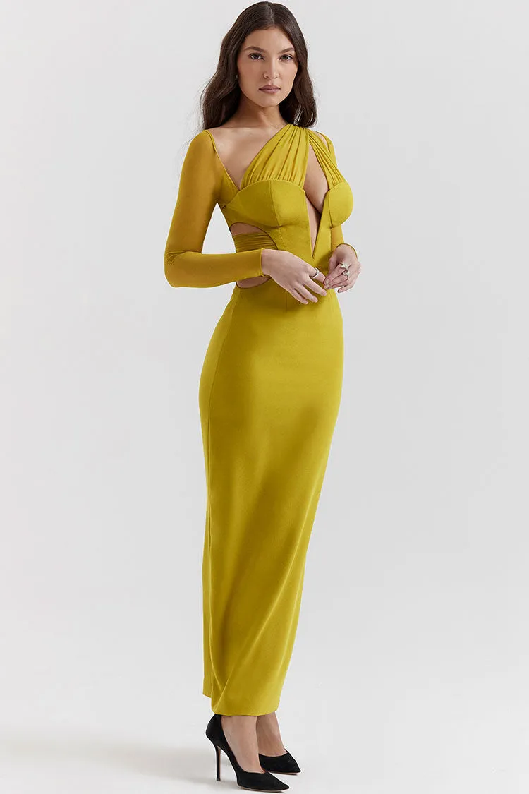 Sexy Sheer Ruched One Shoulder Cutout Bodycon Evening Maxi Dress - Yellow