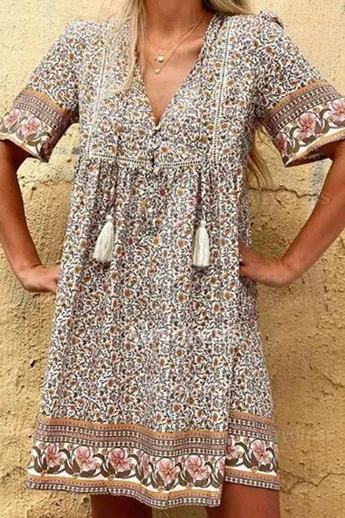 Tassels Floral Print Mini Dress