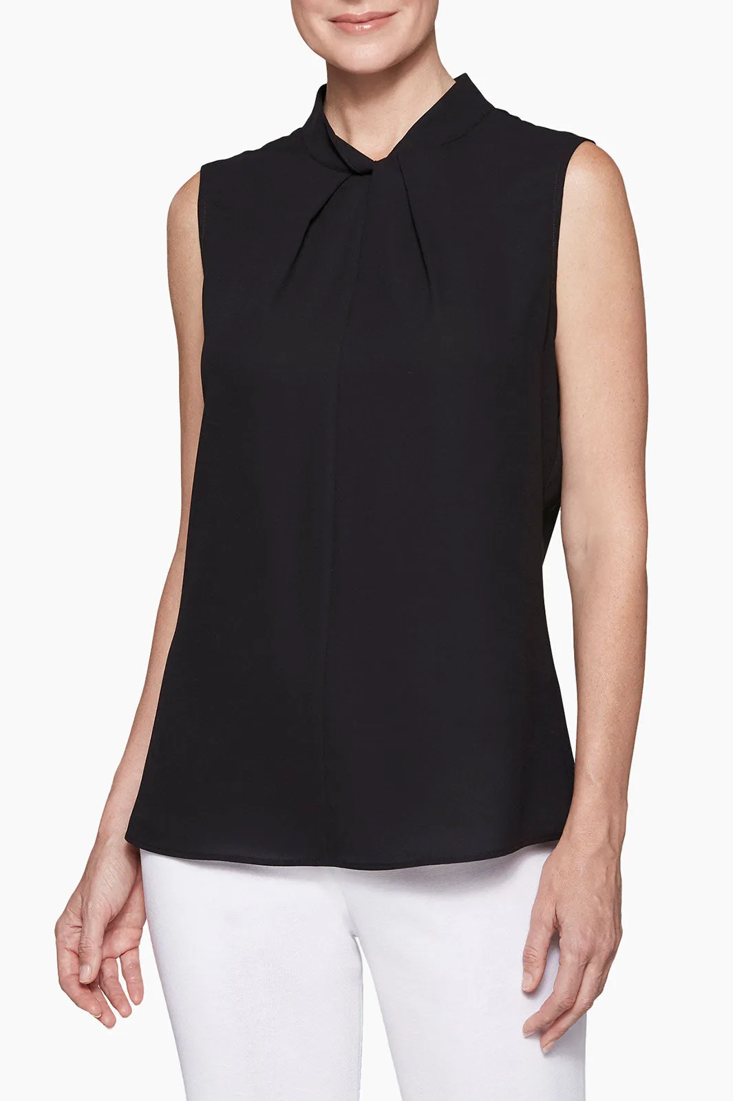 Twist-Neck Crepe de Chine Blouse, Black