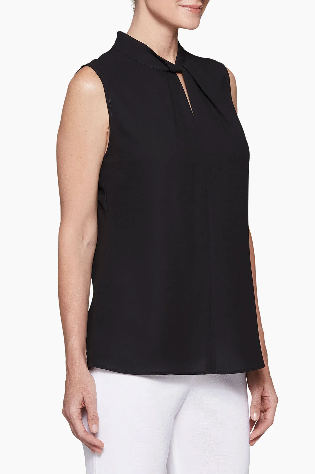 Twist-Neck Crepe de Chine Blouse, Black