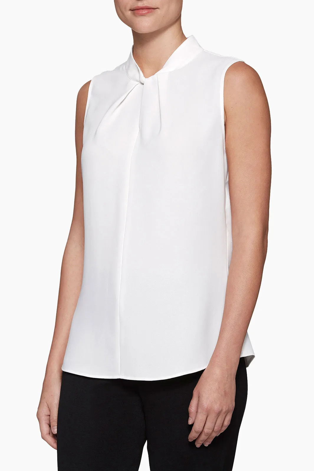 Twist-Neck Crepe de Chine Blouse, White