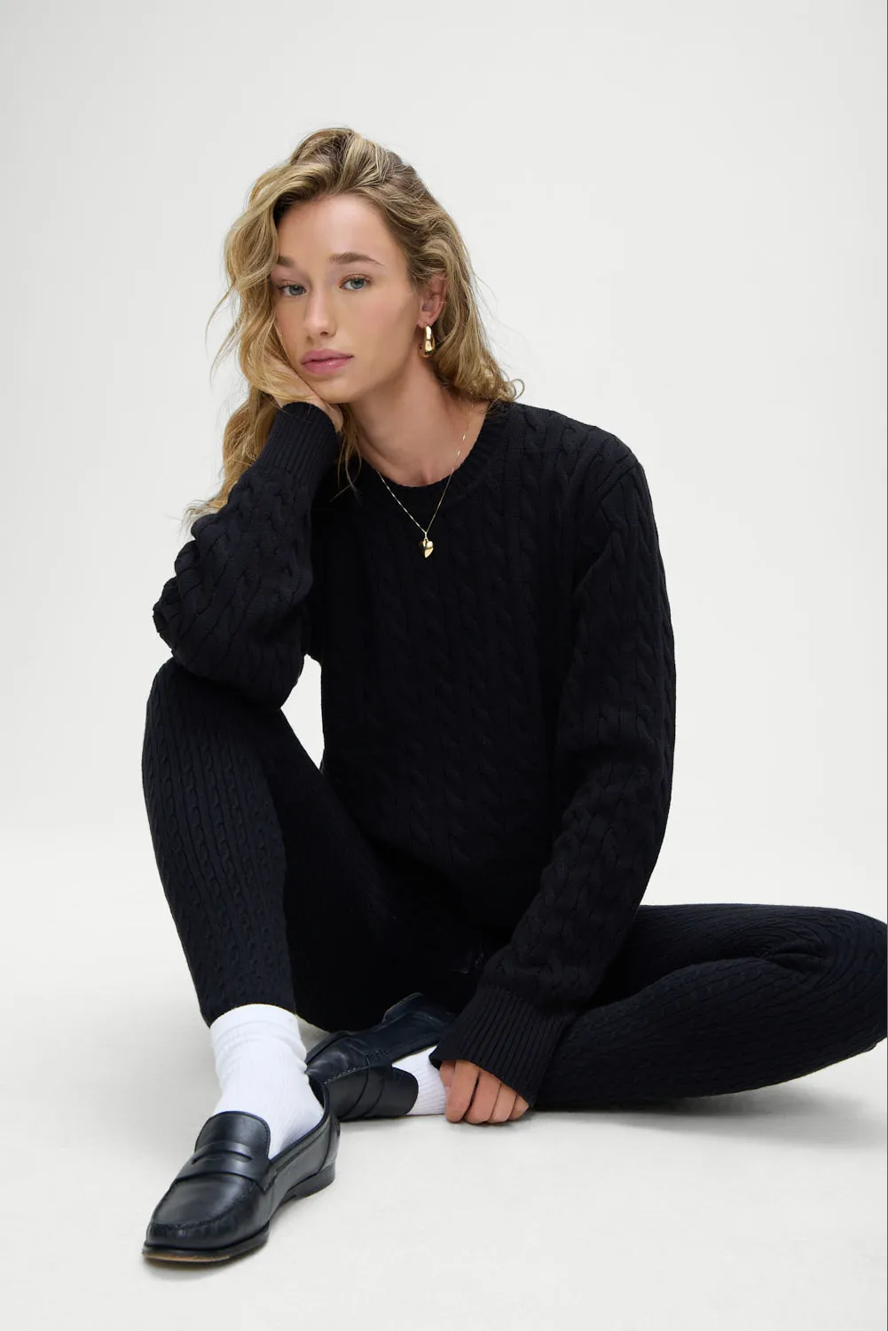 Varsity Cable Knit Sweater - Black