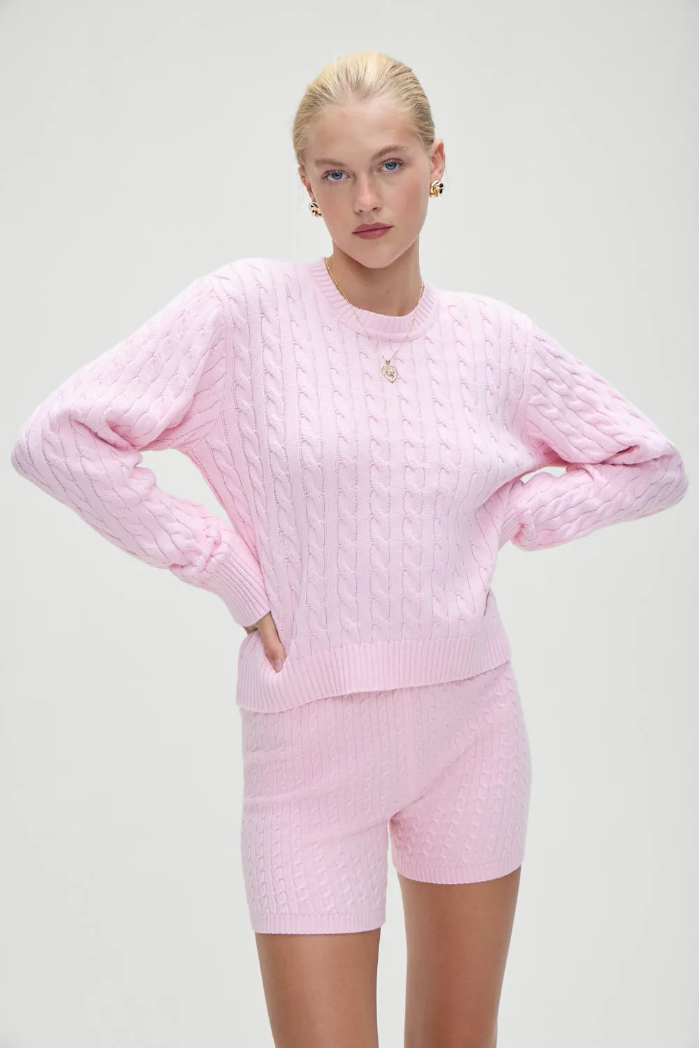 Varsity Cable Knit Sweater - Cozy Pink