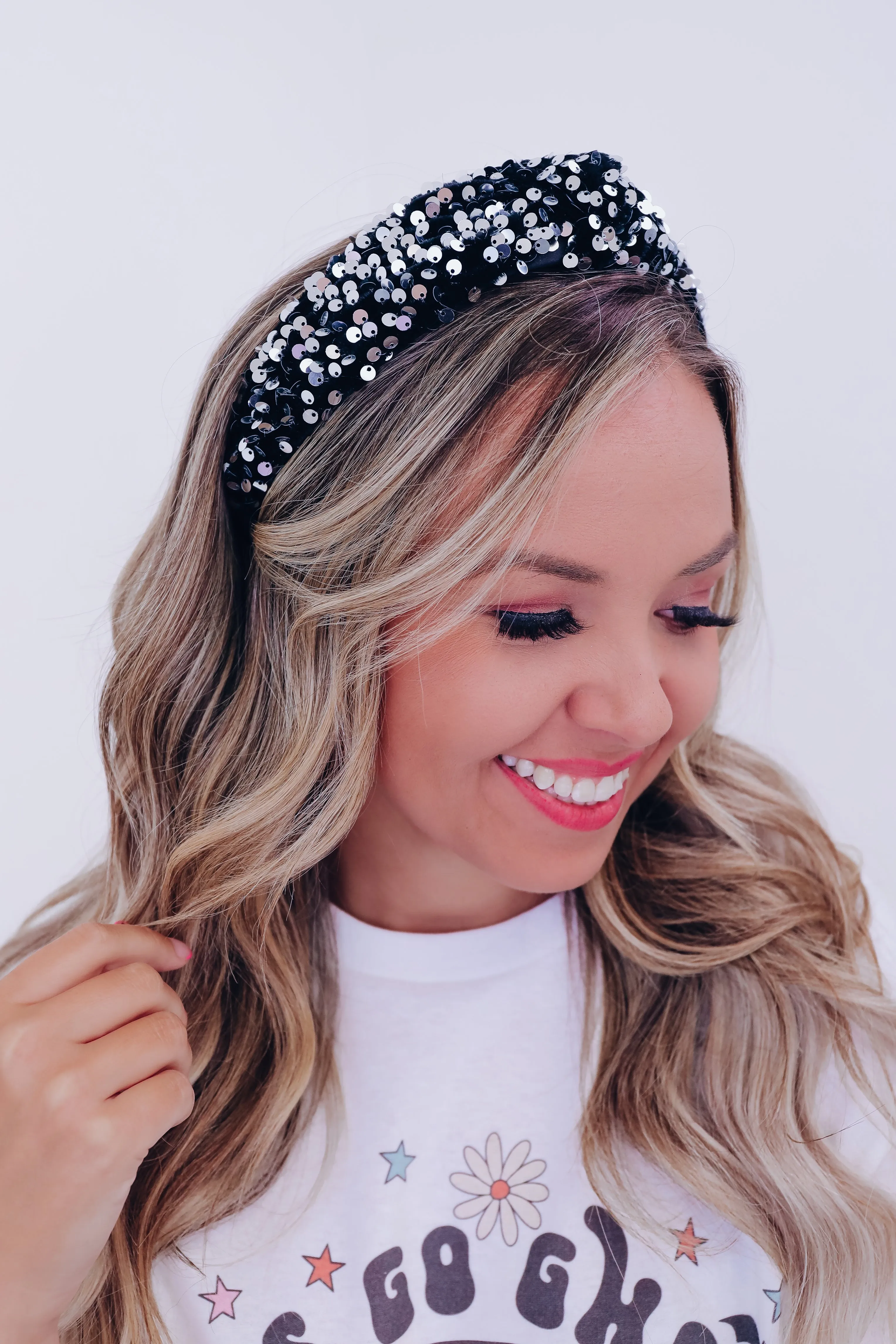 Velvety Sequin Knotted Headband - Black