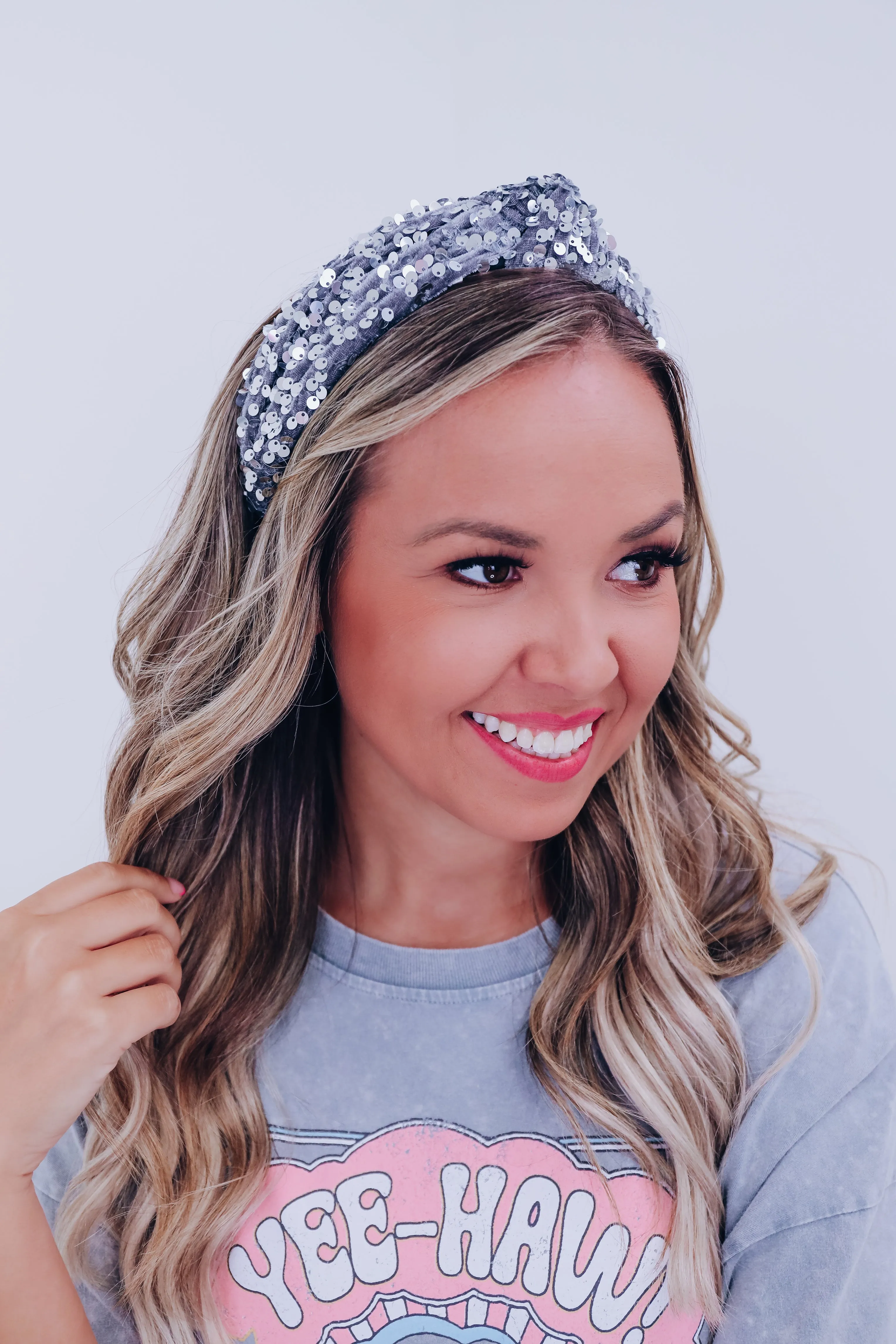 Velvety Sequin Knotted Headband - Grey