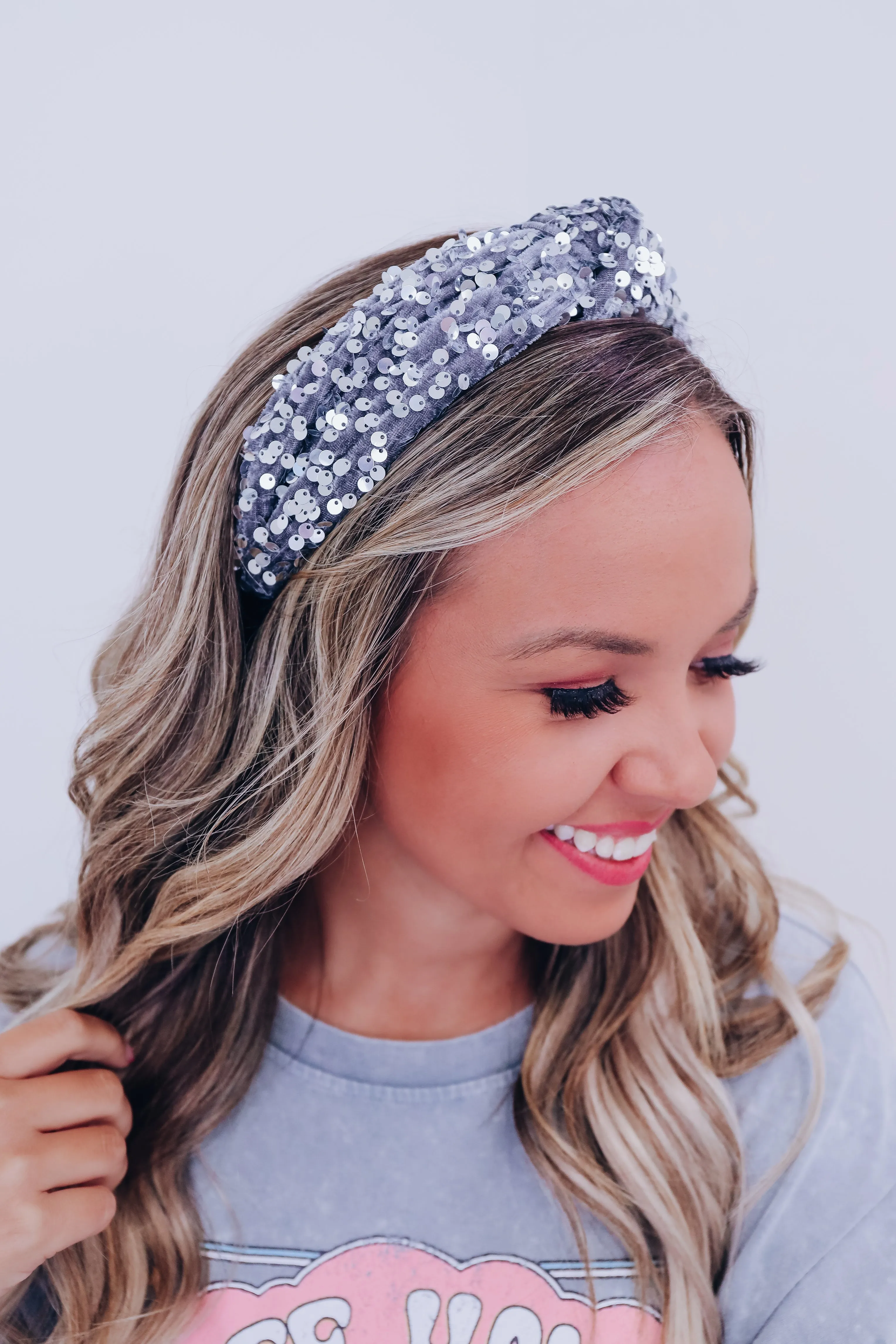 Velvety Sequin Knotted Headband - Grey