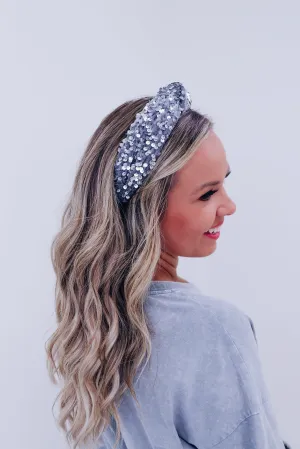 Velvety Sequin Knotted Headband - Grey