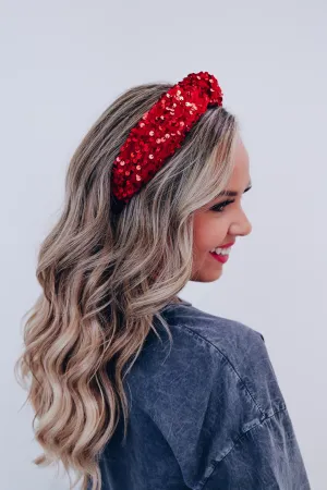 Velvety Sequin Knotted Headband - Red