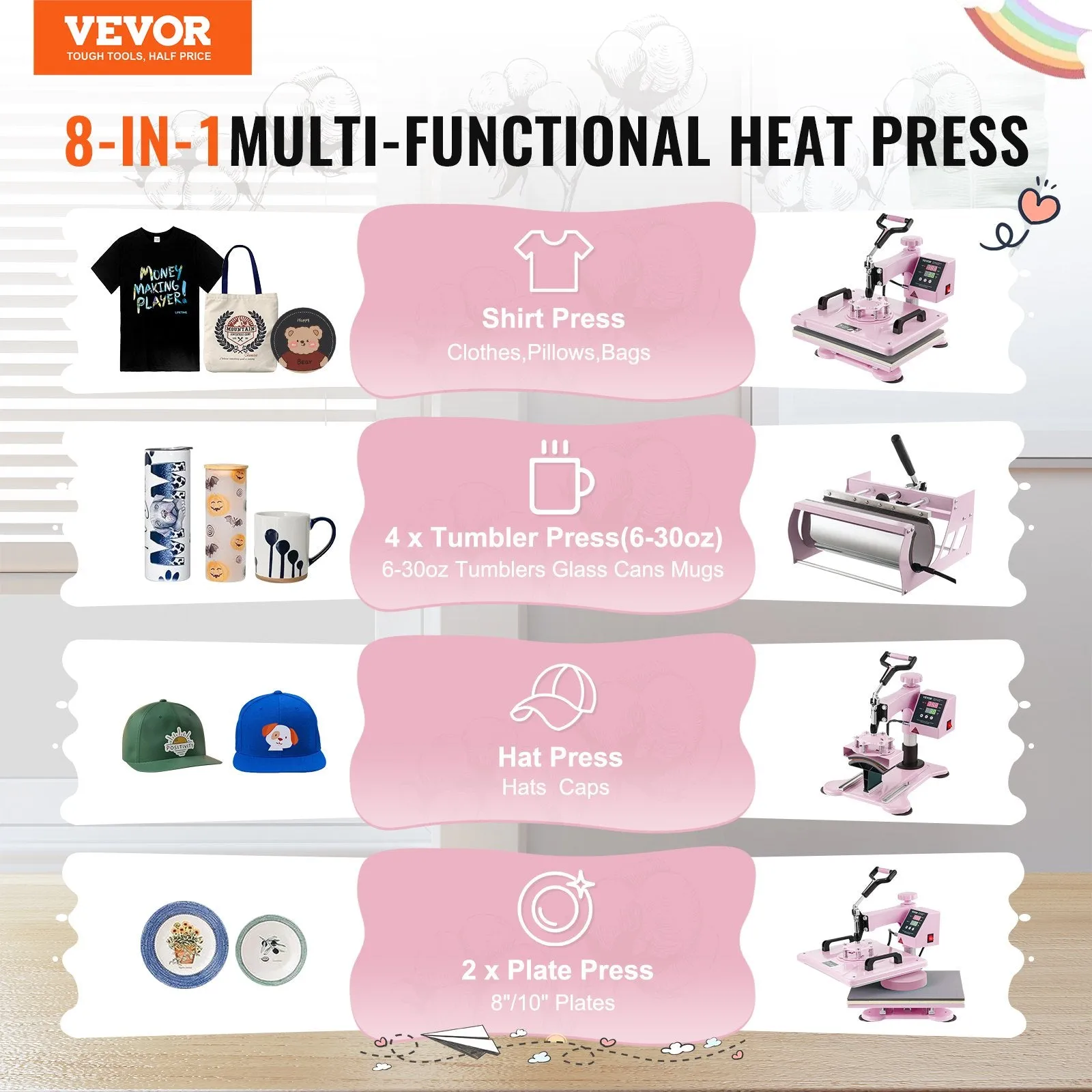 Vevor Heat Press 8-in-1 Machine 12" x 15" with 30oz Tumbler Press Pink New