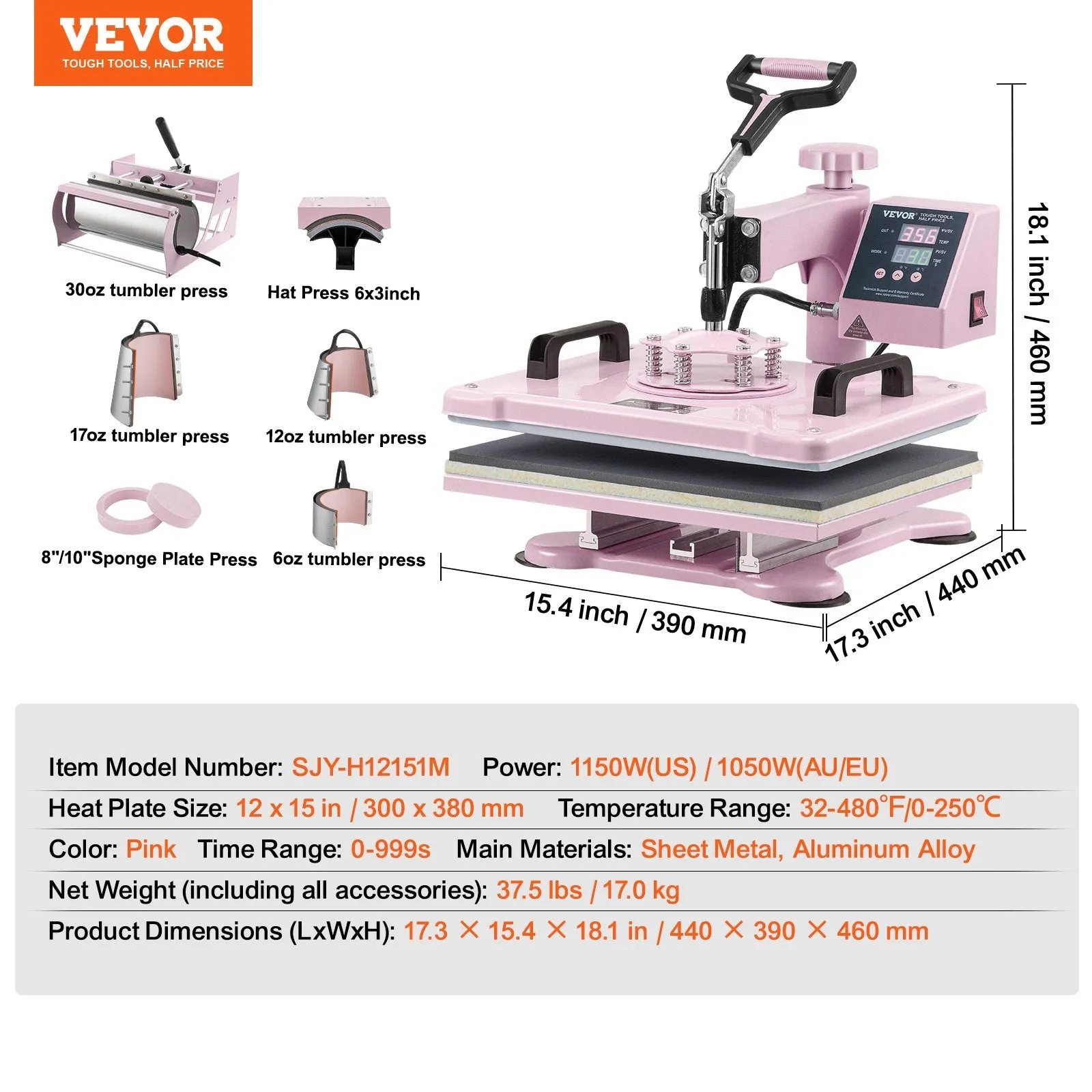 Vevor Heat Press 8-in-1 Machine 12" x 15" with 30oz Tumbler Press Pink New