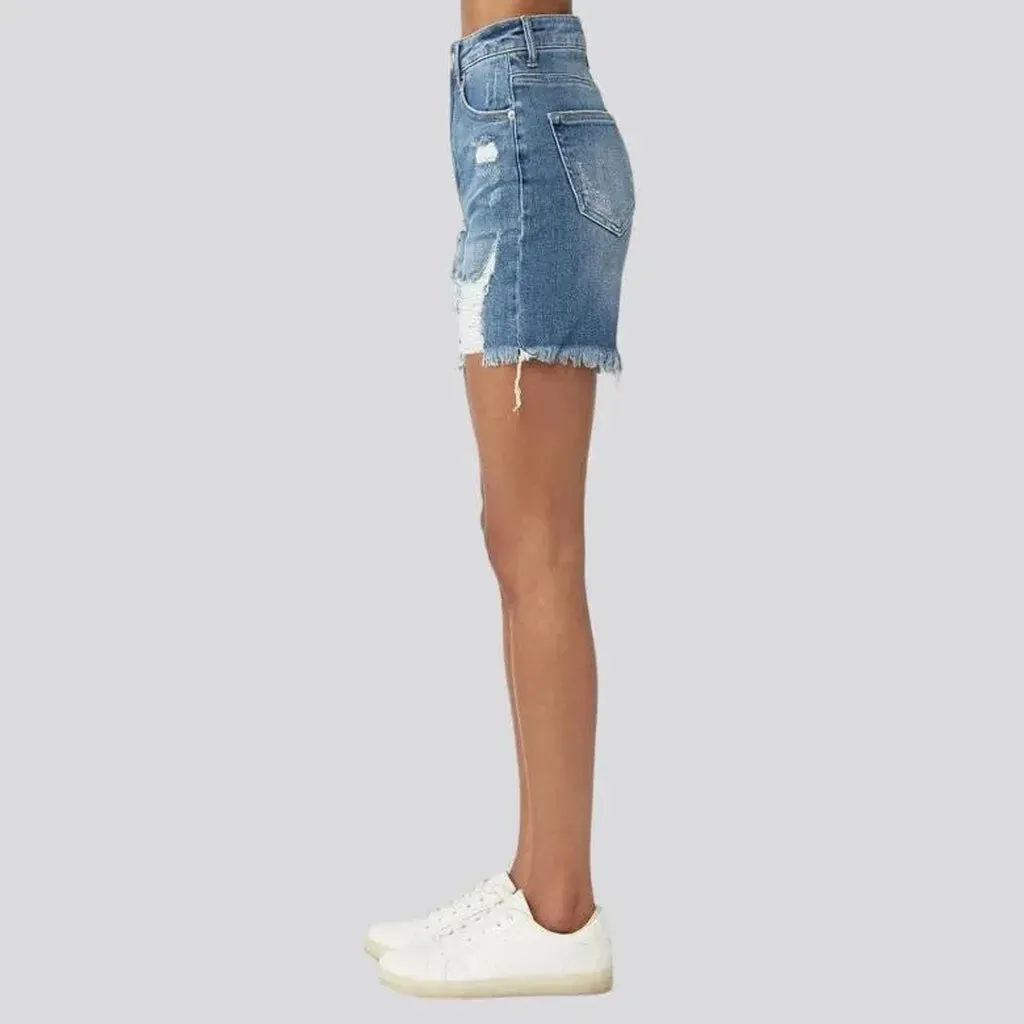 Whiskered high-waist women's denim shorts