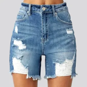 Whiskered high-waist women's denim shorts