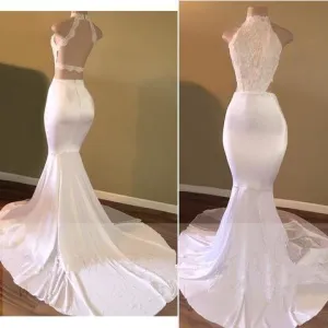 White Mermaid Backless Long African High Neck Lace Long Prom Dresses