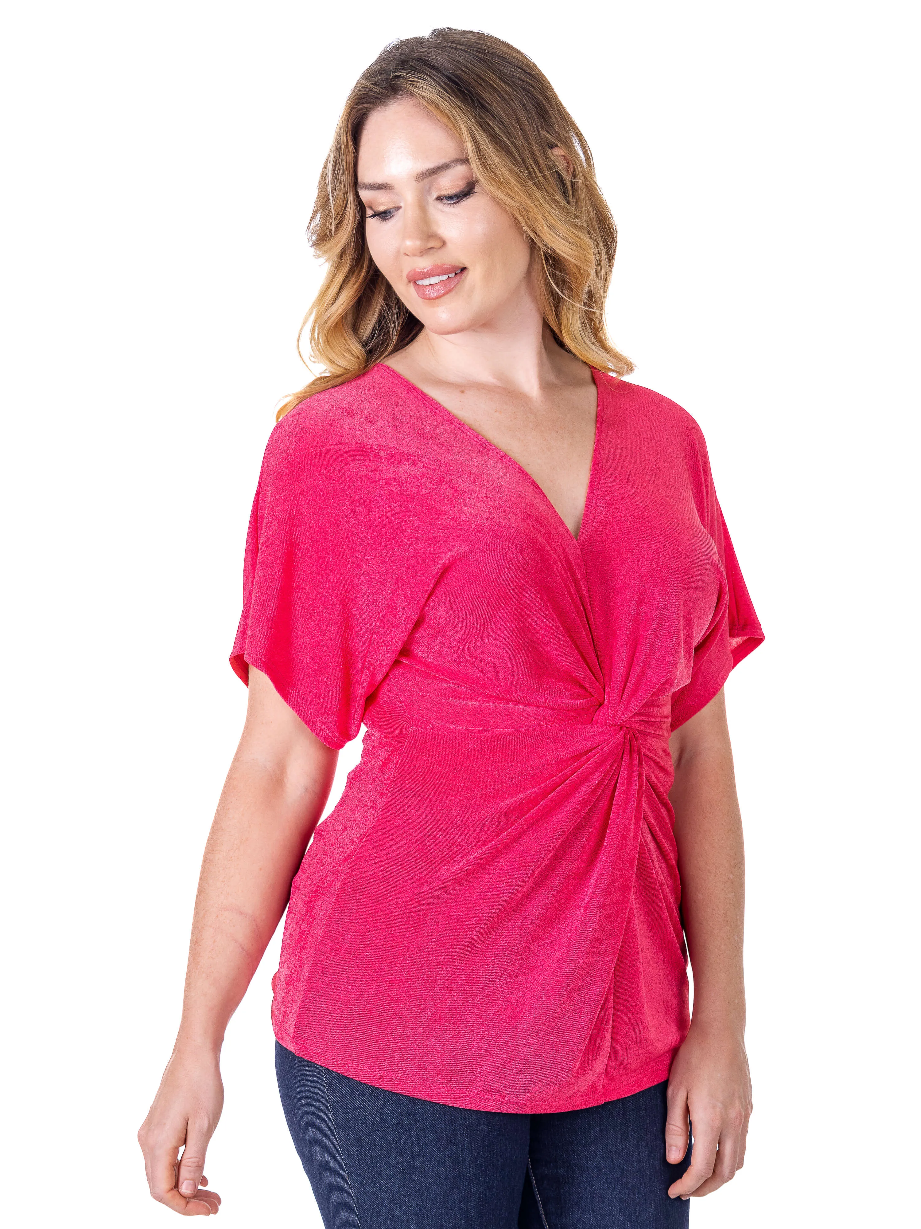 Womens V Neck Knot Front Kimono Sleeve Top