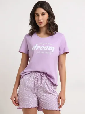 Wunderlove Lilac Text Printed Cotton Shorts Set In A Bag