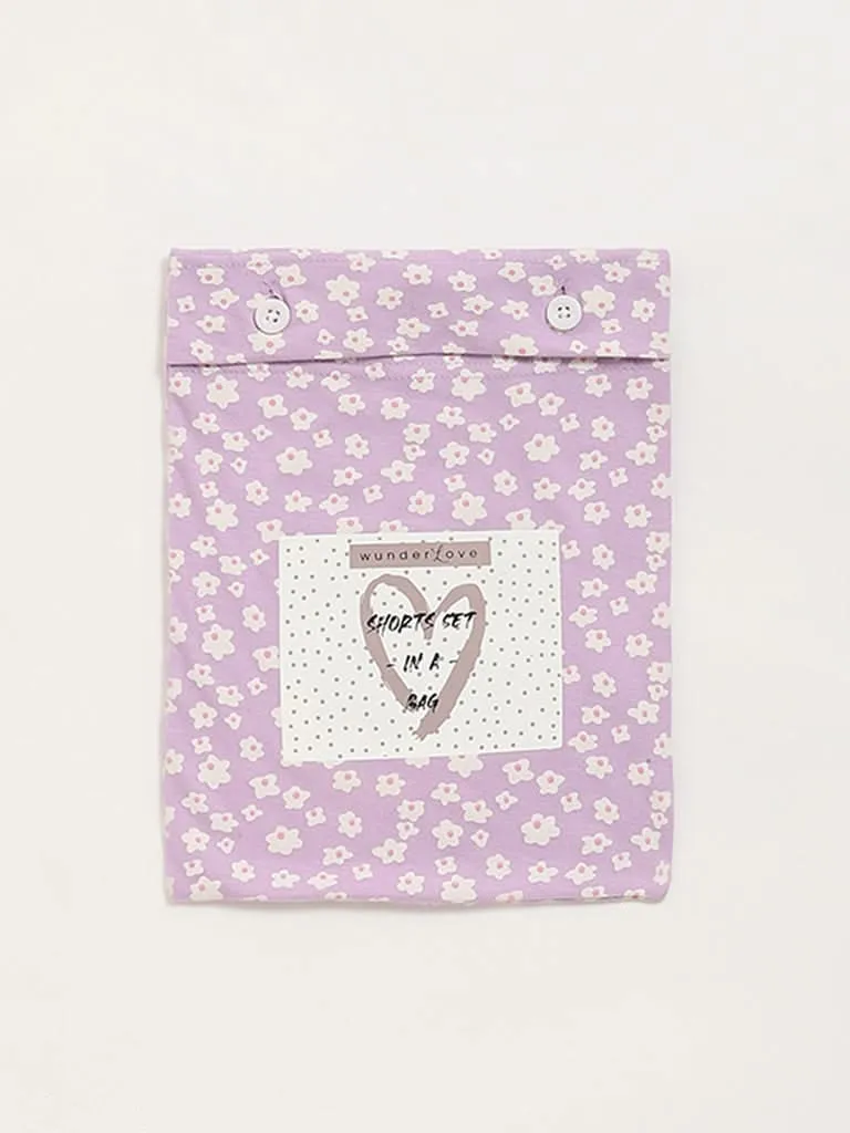 Wunderlove Lilac Text Printed Cotton Shorts Set In A Bag