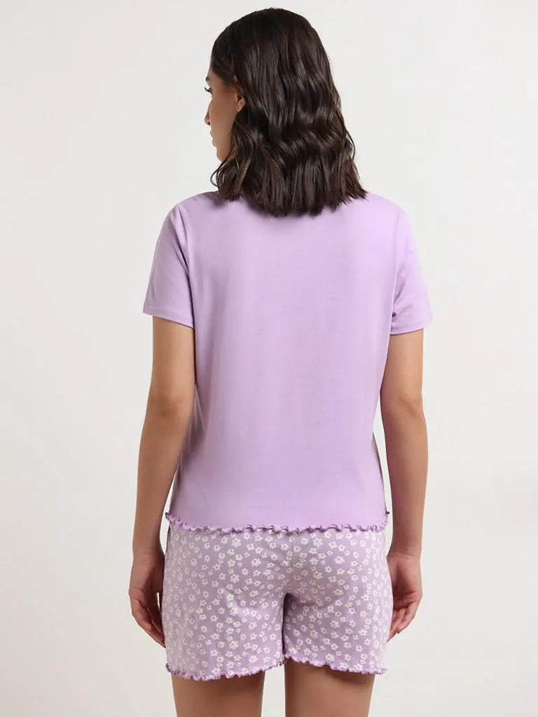 Wunderlove Lilac Text Printed Cotton Shorts Set In A Bag